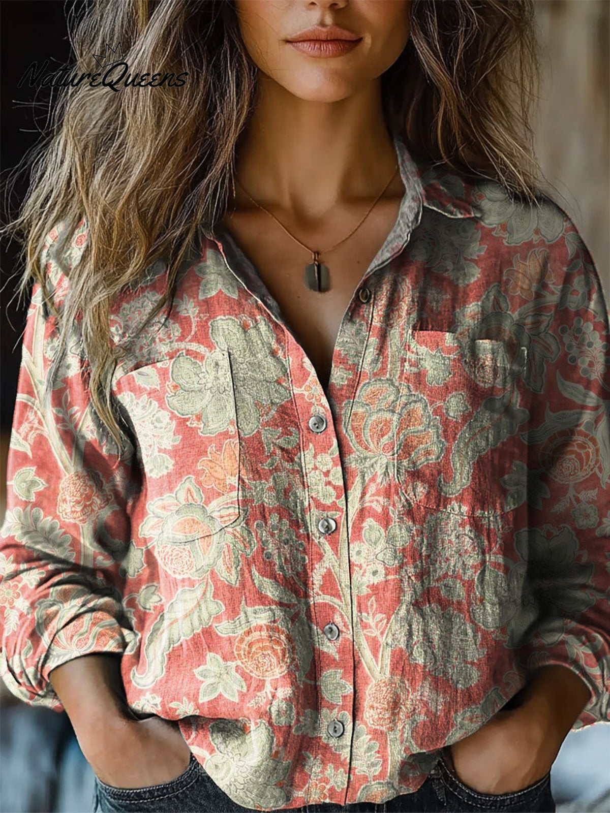Damen Vintage Hübsches Blumenmuster Kunstdruck Lässiges Langarm T-Shirt aus bequemer Baumwolle