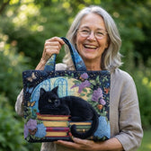 Handgefertigte Tasche - Schwarze Katze auf Büchern · Handgefertigte Tasche im Alltag
