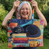 Artisan Tasche - Schwarze Katze mit Büchern und Tassen · Handgefertigte Tasche im Alltag