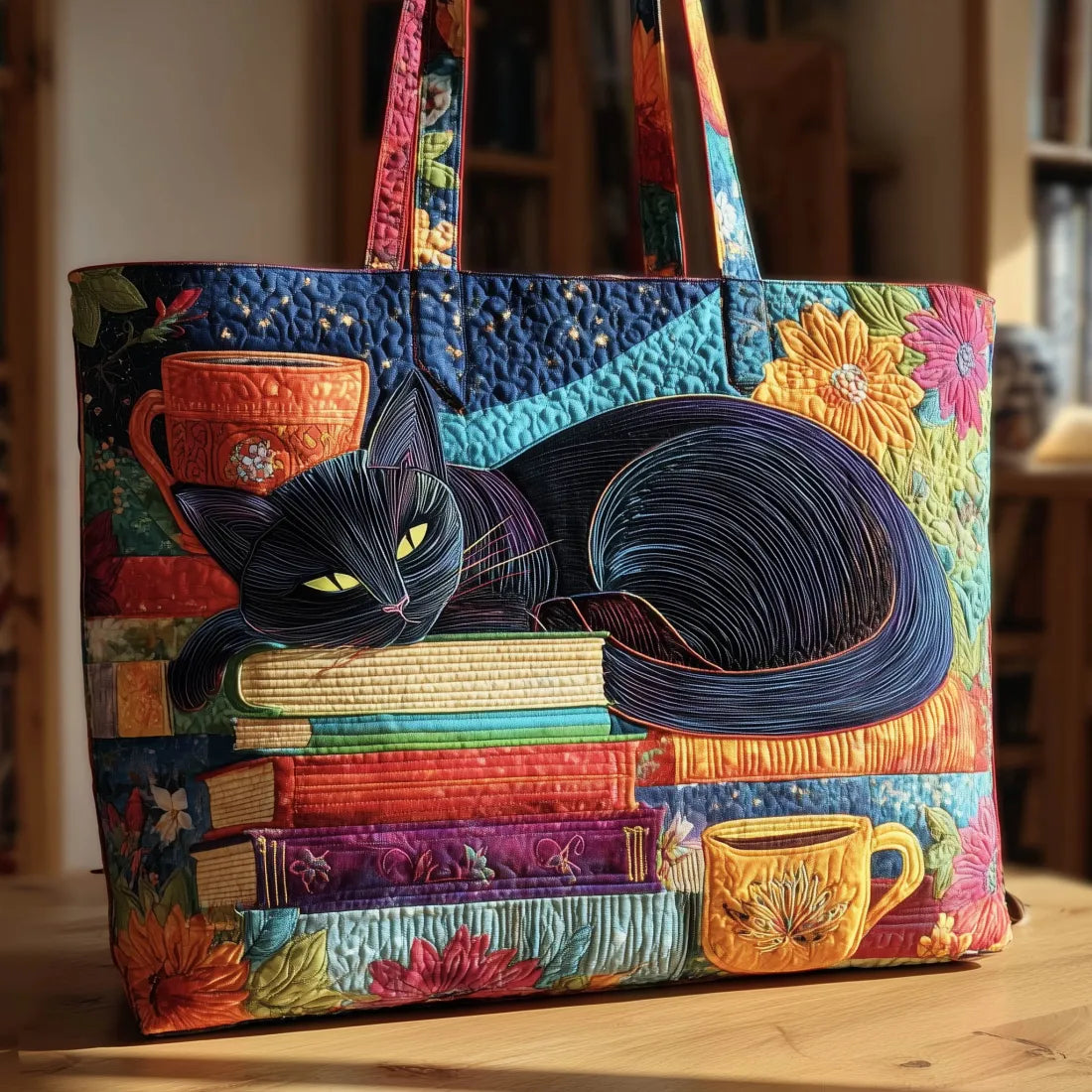 Artisan Tasche - Schwarze Katze mit Büchern und Tassen