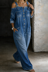 Sophia | Schulterfreier Denim-Jumpsuit