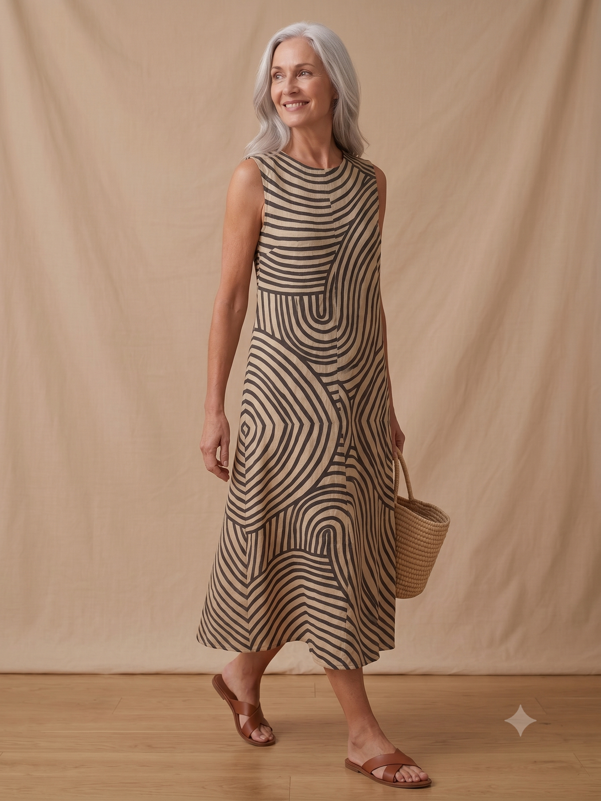 Jade - Damen Ärmelloses Bedrucktes Strand Midi-Kleid Locker