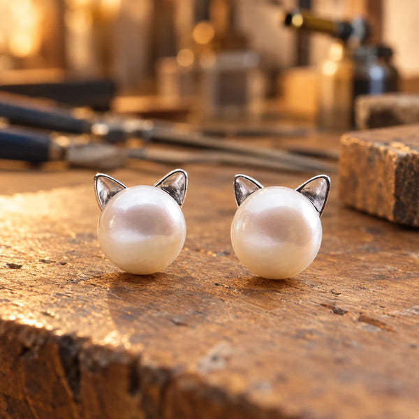 Sterling Silber Katzen Perlen Ohrstecker
