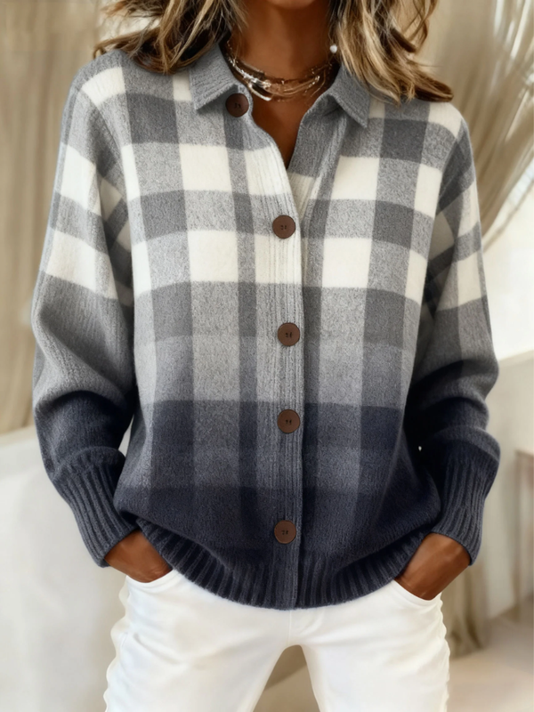 Agnes | Grauer Ombre-Karo-Knopf-Cardigan