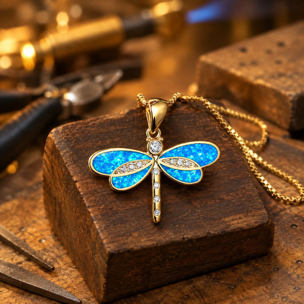 Libellen-Halskette in Gold mit Opal