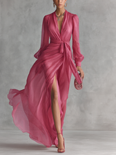 Beatrice | Elegantes Chiffon-V-Ausschnitt-Kleid mit Bindegürtel