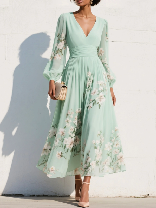 Nicola | Florales Chiffon-Midikleid mit V-Ausschnitt