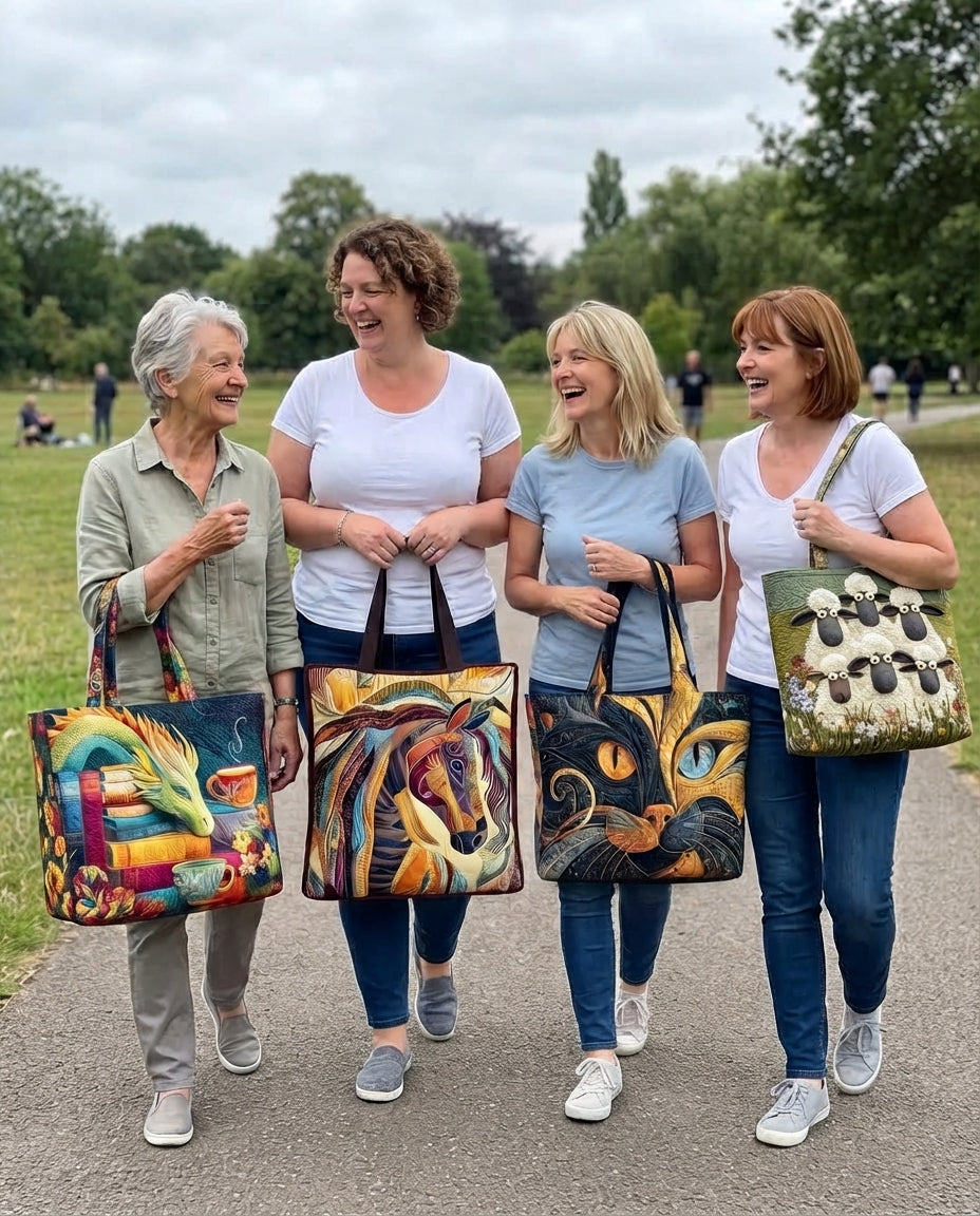 Vier Freundinnen im Park mit handgefertigten Taschen von Hanna & Lukas