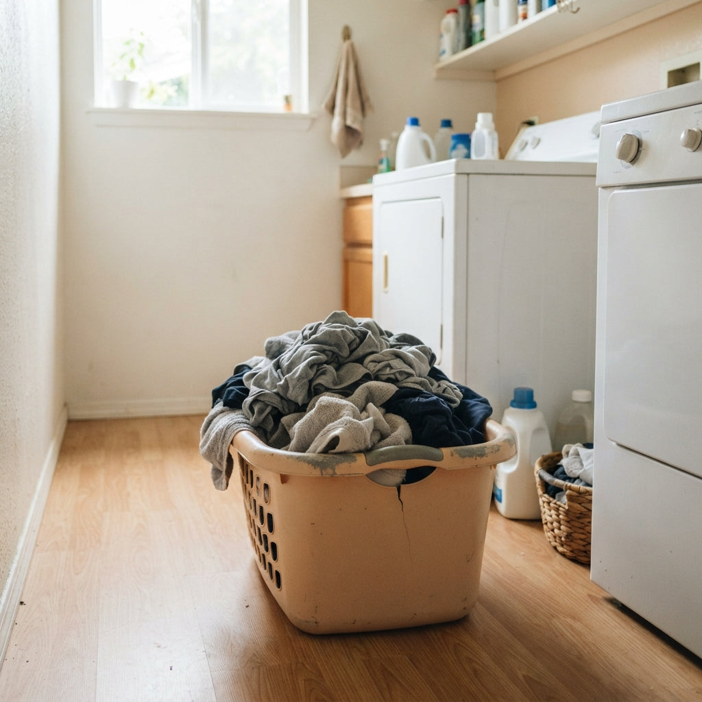 Ein gesprungener Plastik-Wäschekorb voller Kleider