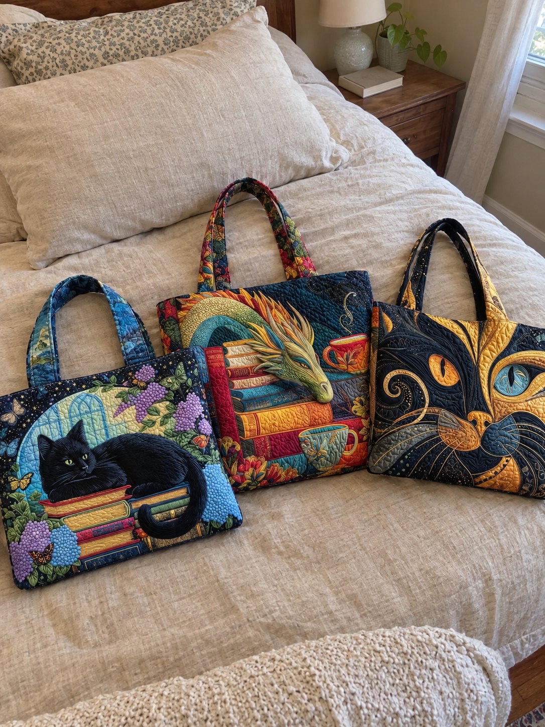 Drei gesteppte Taschen auf dem Gästebett