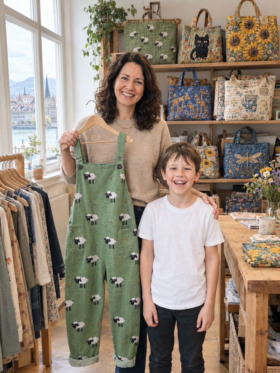 Hanna mit einem Jumpsuit mit Schafmotiv im Atelier