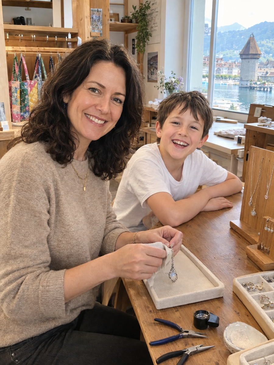 Hanna poliert eine Mondstein-Halskette im Atelier