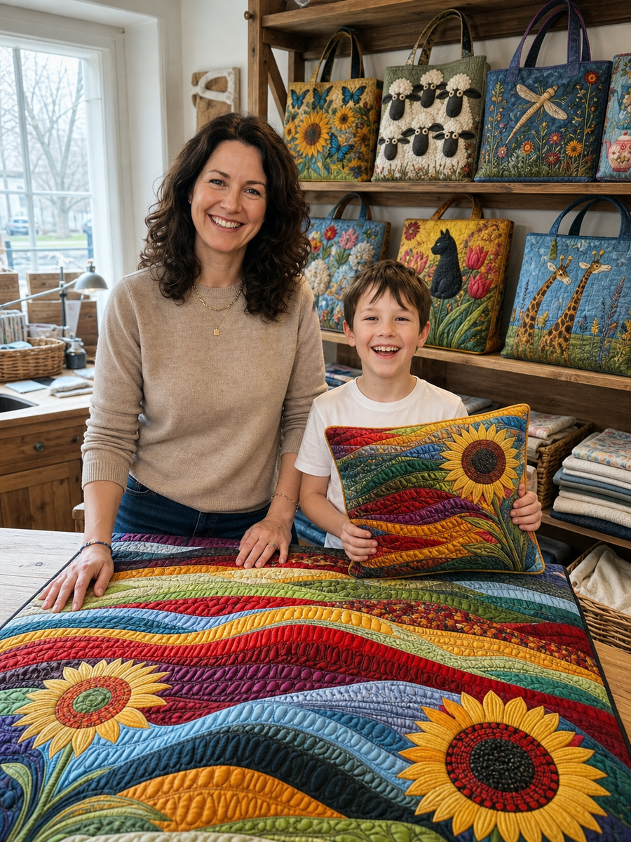 Hanna und Lukas mit einer gesteppten Tagesdecke im Atelier