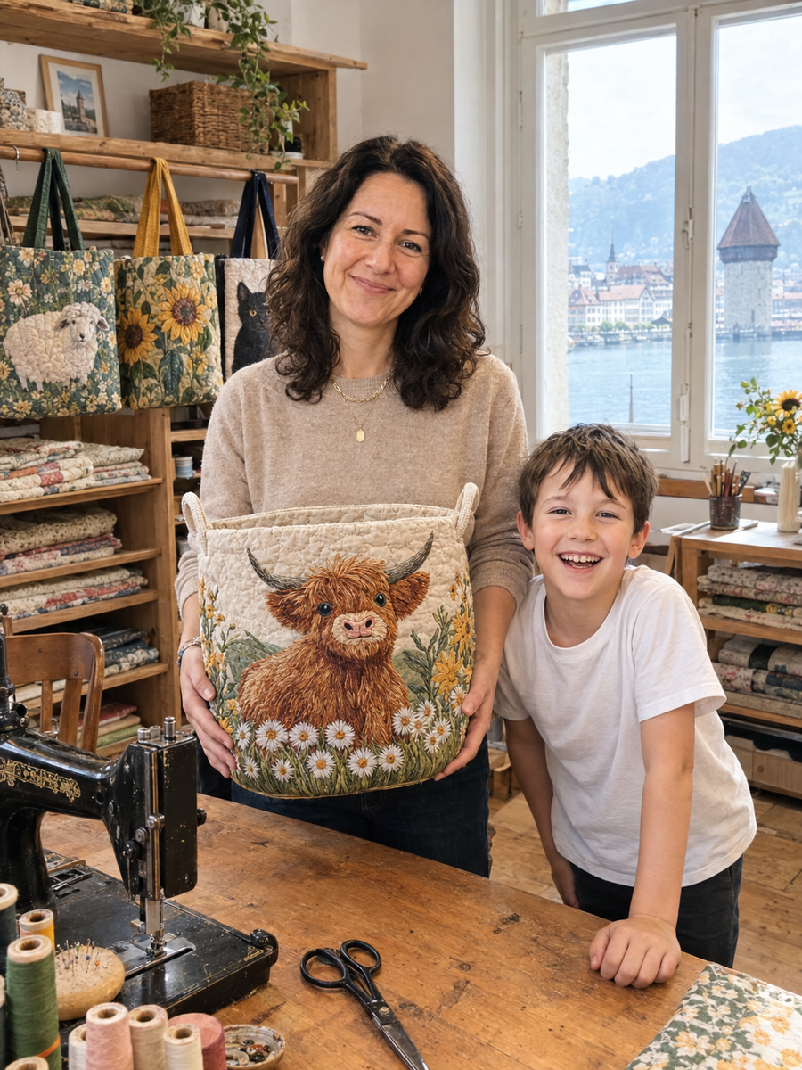 Hanna hält einen gesteppten Wäschekorb, Lukas neben ihr im Atelier