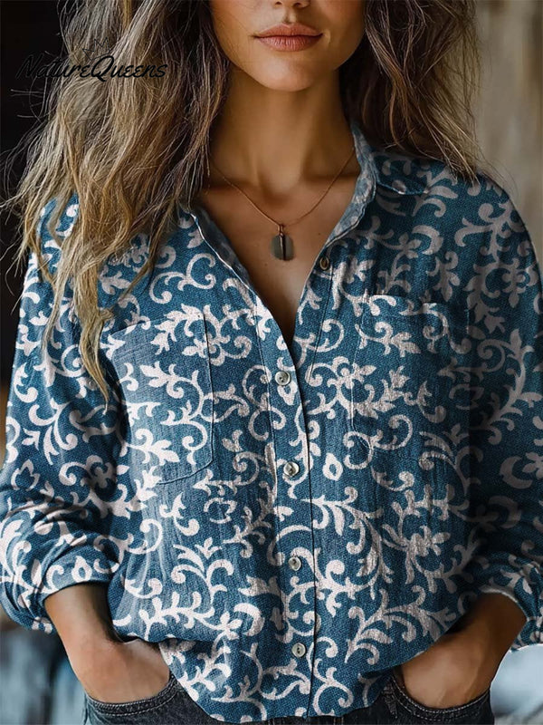 Damen Vintage Blumen-Kunstdruck Freizeit Langarm Baumwollshirt