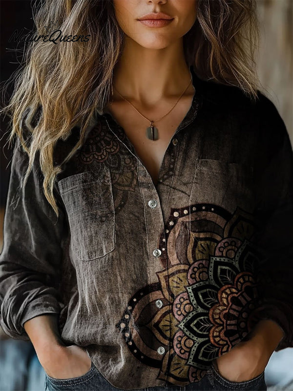 Damen Vintage Druck Lässiges Langarm Baumwollshirt