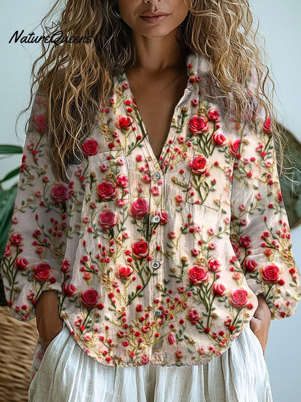 Damen Retro Blumen Kunst Druck Lässiges Langarm T-Shirt aus bequemer Baumwolle