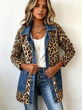 Fablenne™ | Leopardenmuster Denim-Paneel Kontrast Langjacke